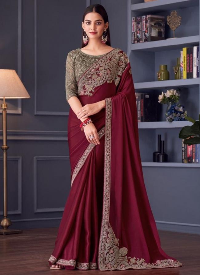 Sattin Silk Maroon Party Wear Embroidery Work Saree